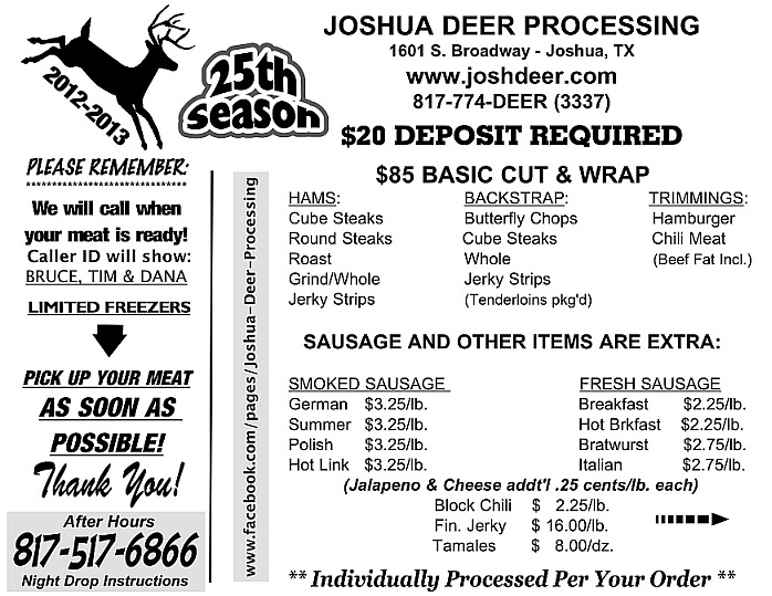 Joshua Deer Processing Prices 2014